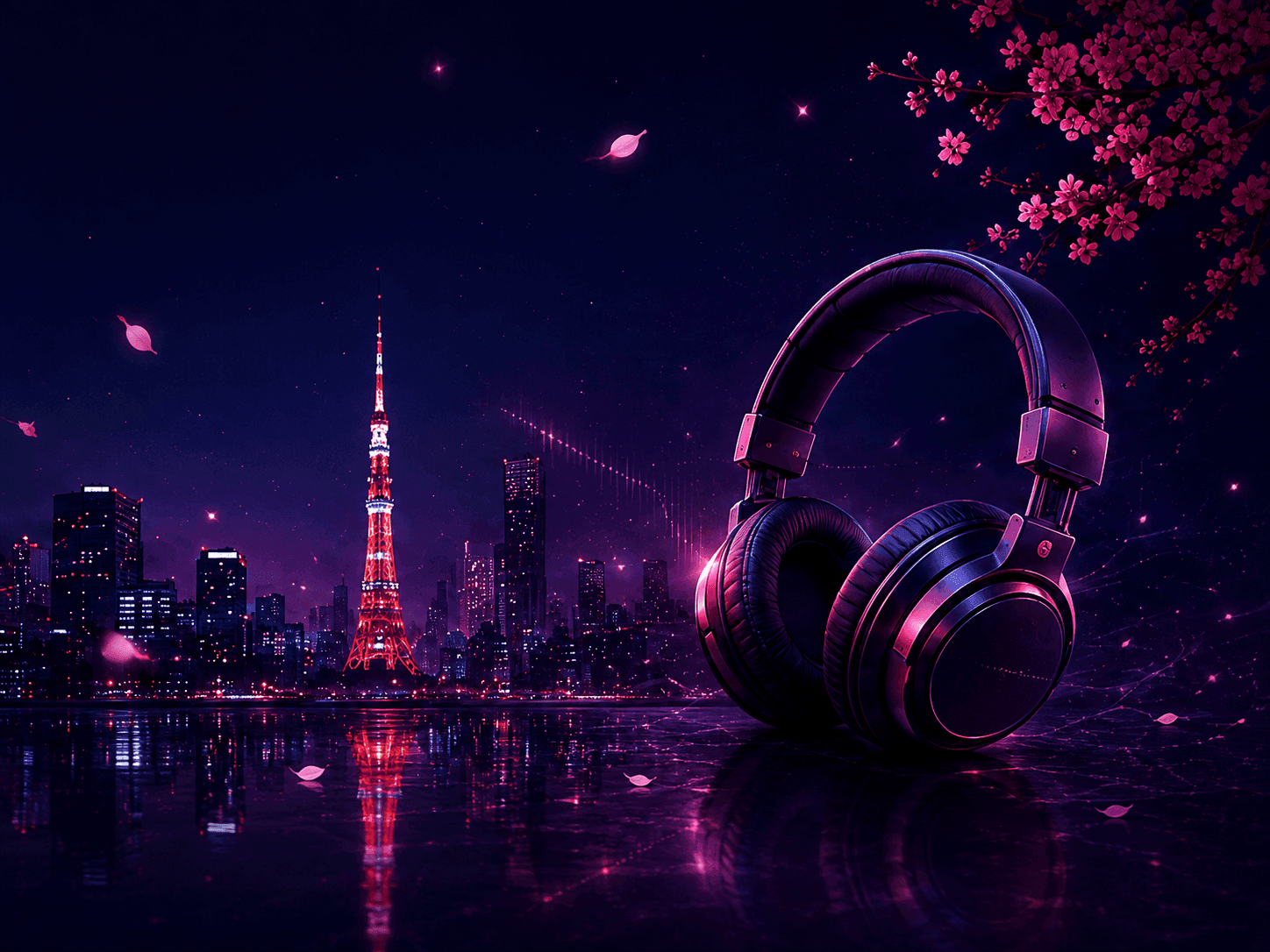Headphones with a neon city background
